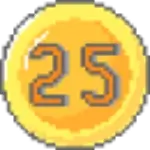 pixelated gold coin with the number twenty five in the centre