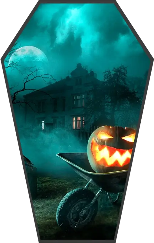 A Jack-o'-lantern inside a wheelbarrow eluminates in the dark. In the background a hanuted hotel can be seen shrouded by fog.