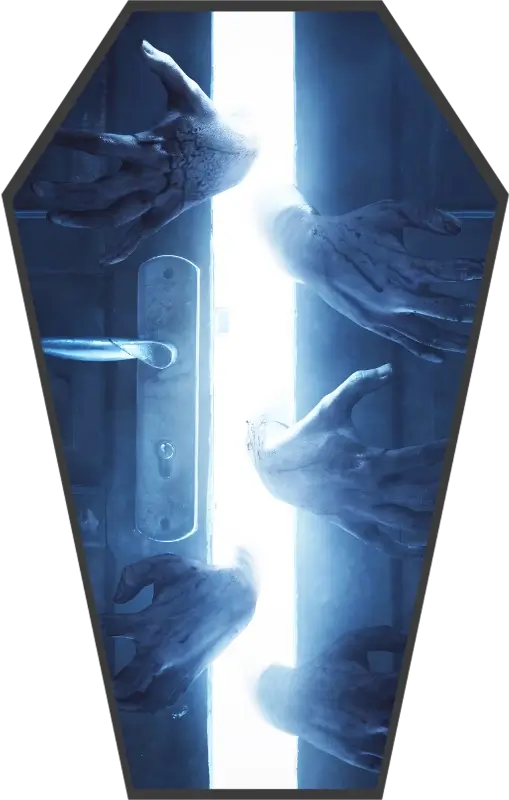 Four hands, lightly covered in blood are bursting through a set of double doors.