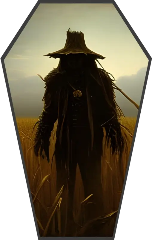 A scarecrow stands ominously in a golden cornfield. His features are hidden by shadow.