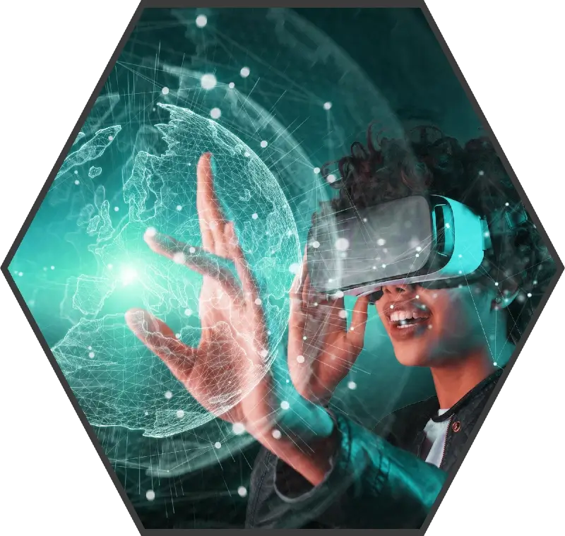 A woman, wearing a virtual reality headset reaching out to touch a digitally created globe